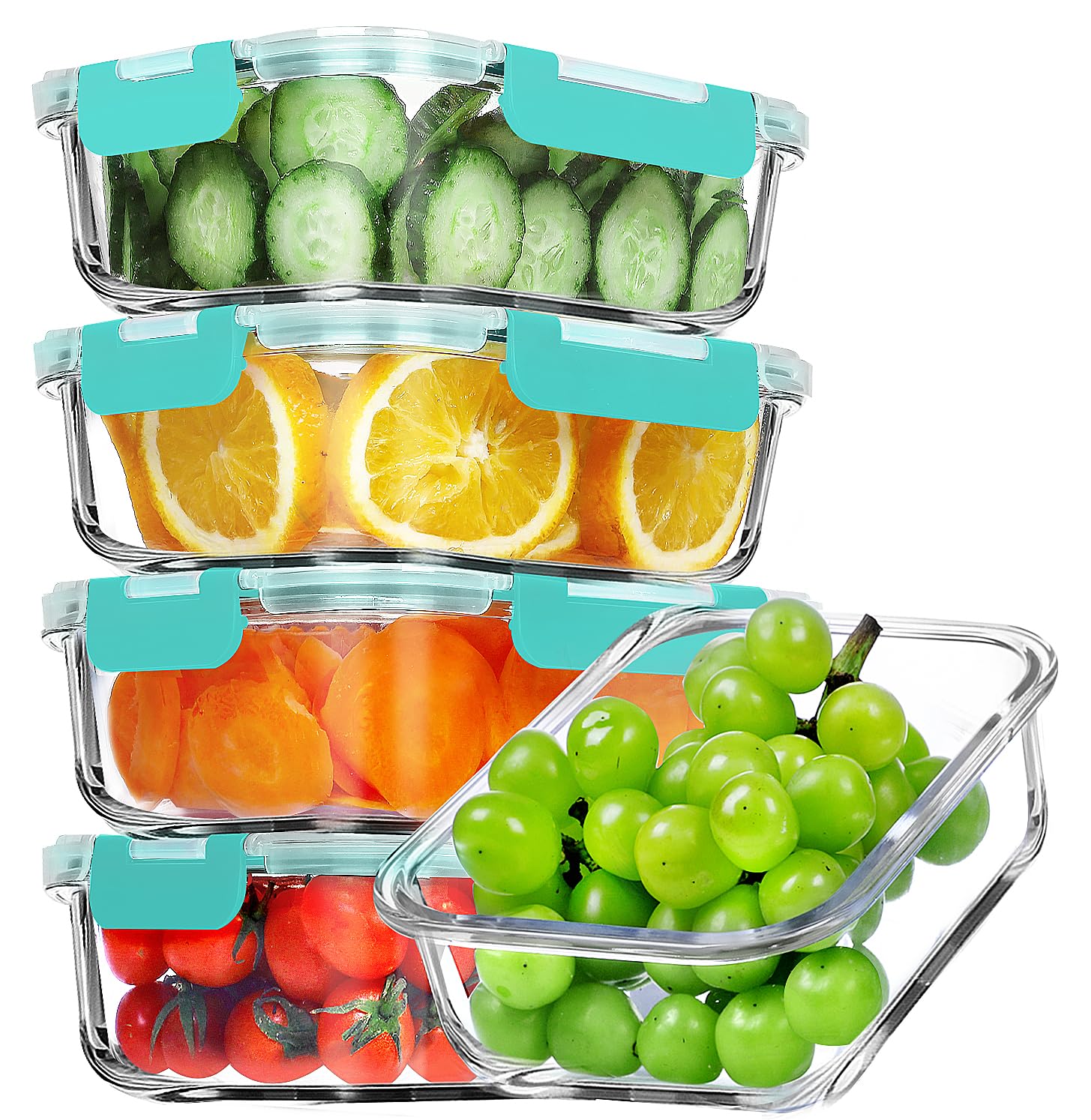 VERONES front view of five 36 oz containers showing green lids and stackability benefit