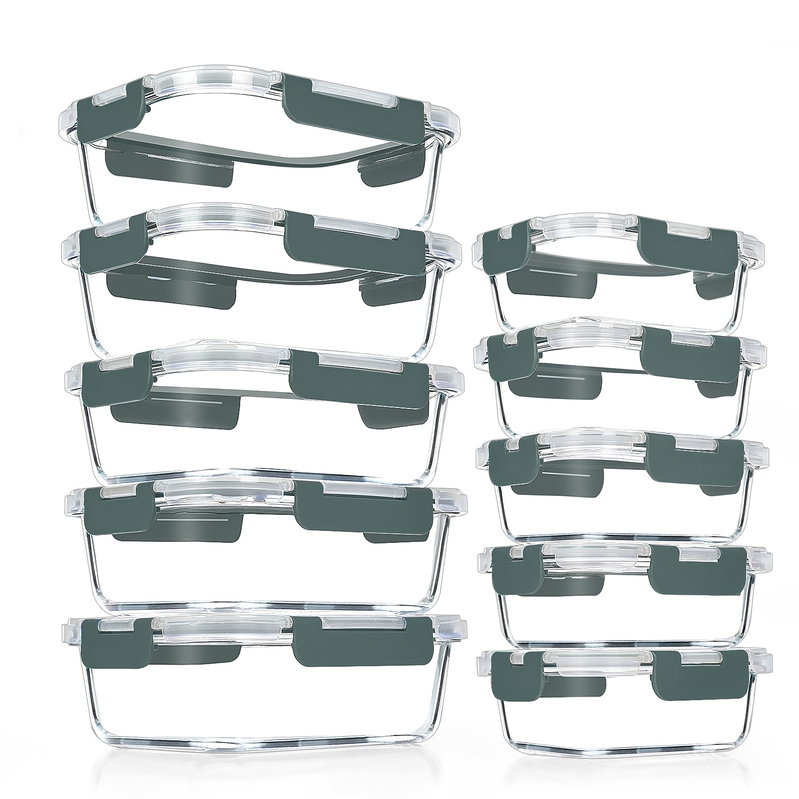 VERONES front view of 10-pack glass containers showing grey lids and set benefit of completeness