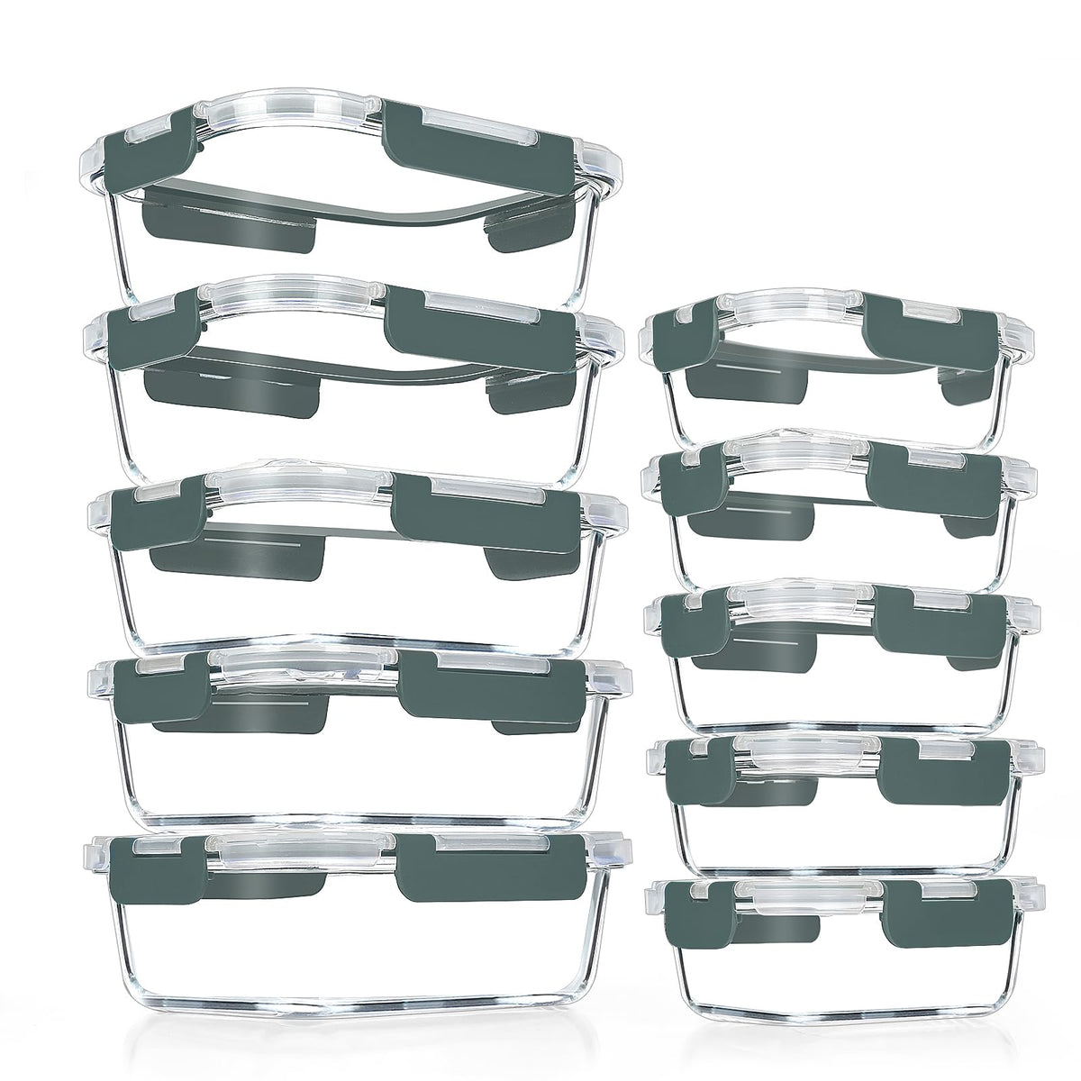 VERONES front view of 10-pack glass containers showing grey lids and set benefit of completeness
