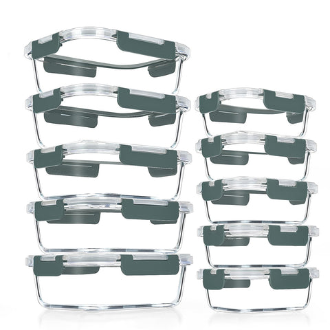 VERONES front view of 10-pack glass containers showing grey lids and set benefit of completeness