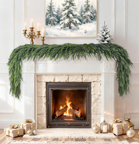 VersaCharm front view garland on mantel shows full festive coverage and easy styling