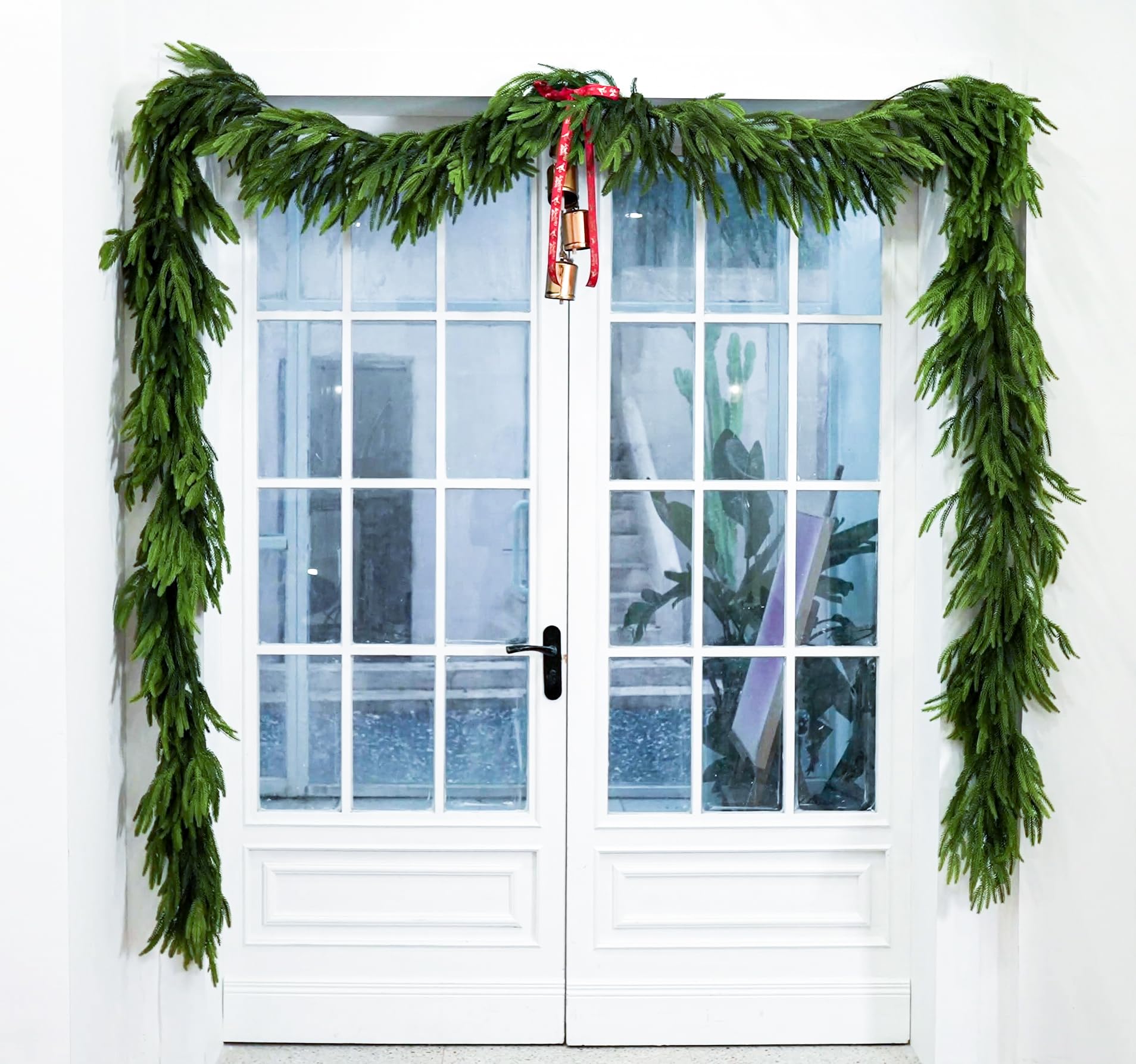 VersaCharm front view of full 9 ft Norfolk pine garland showing lush coverage