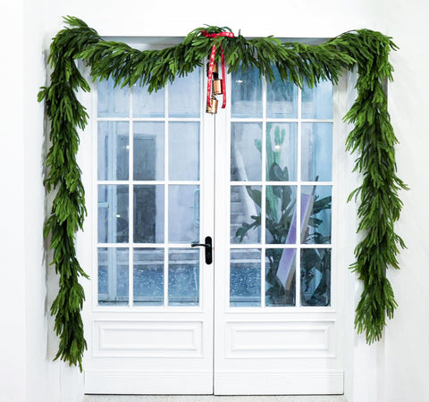 VersaCharm front view of full 9 ft Norfolk pine garland showing lush coverage