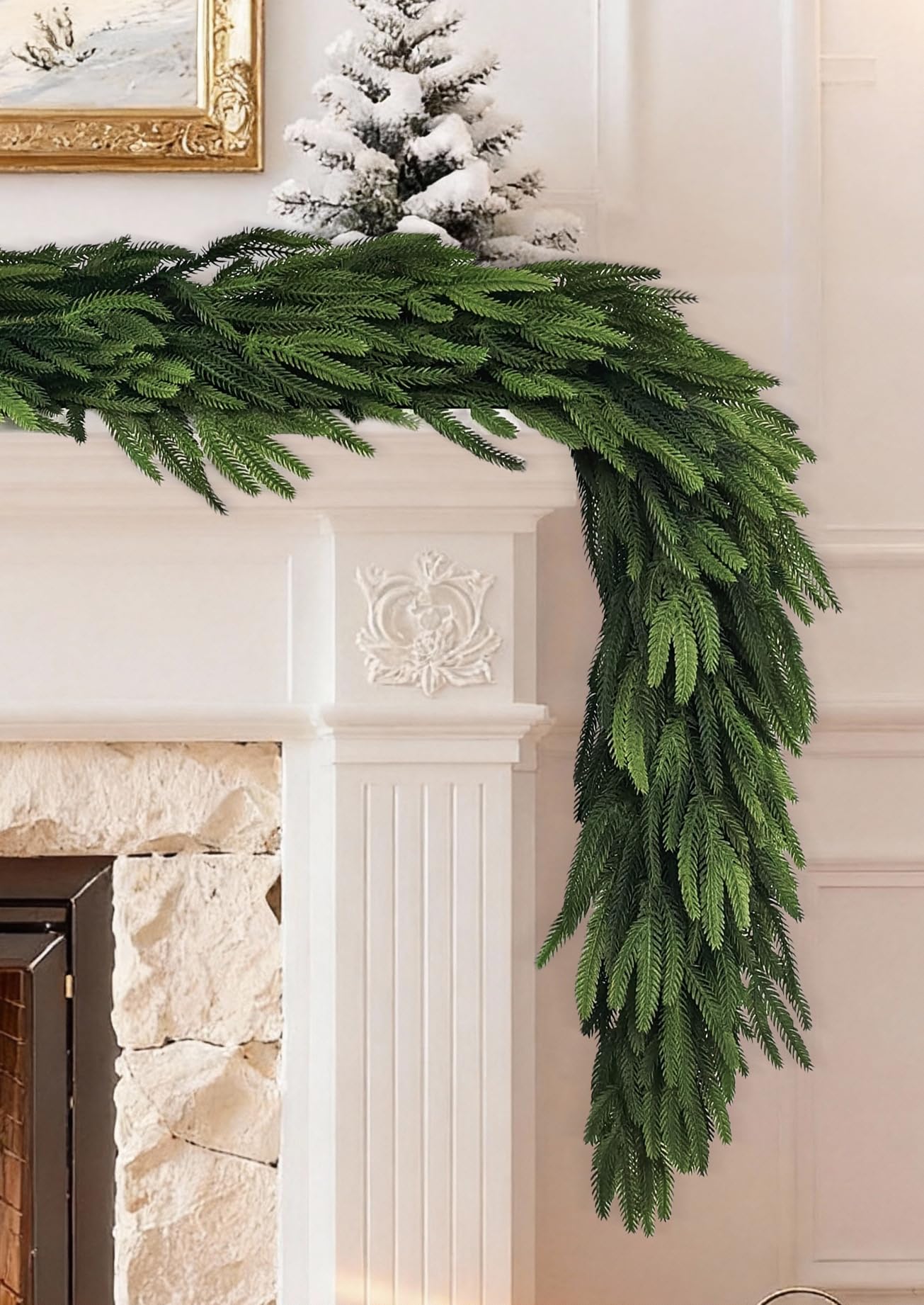 VersaCharm garland dressed on mantel adding classic holiday warmth and curb appeal