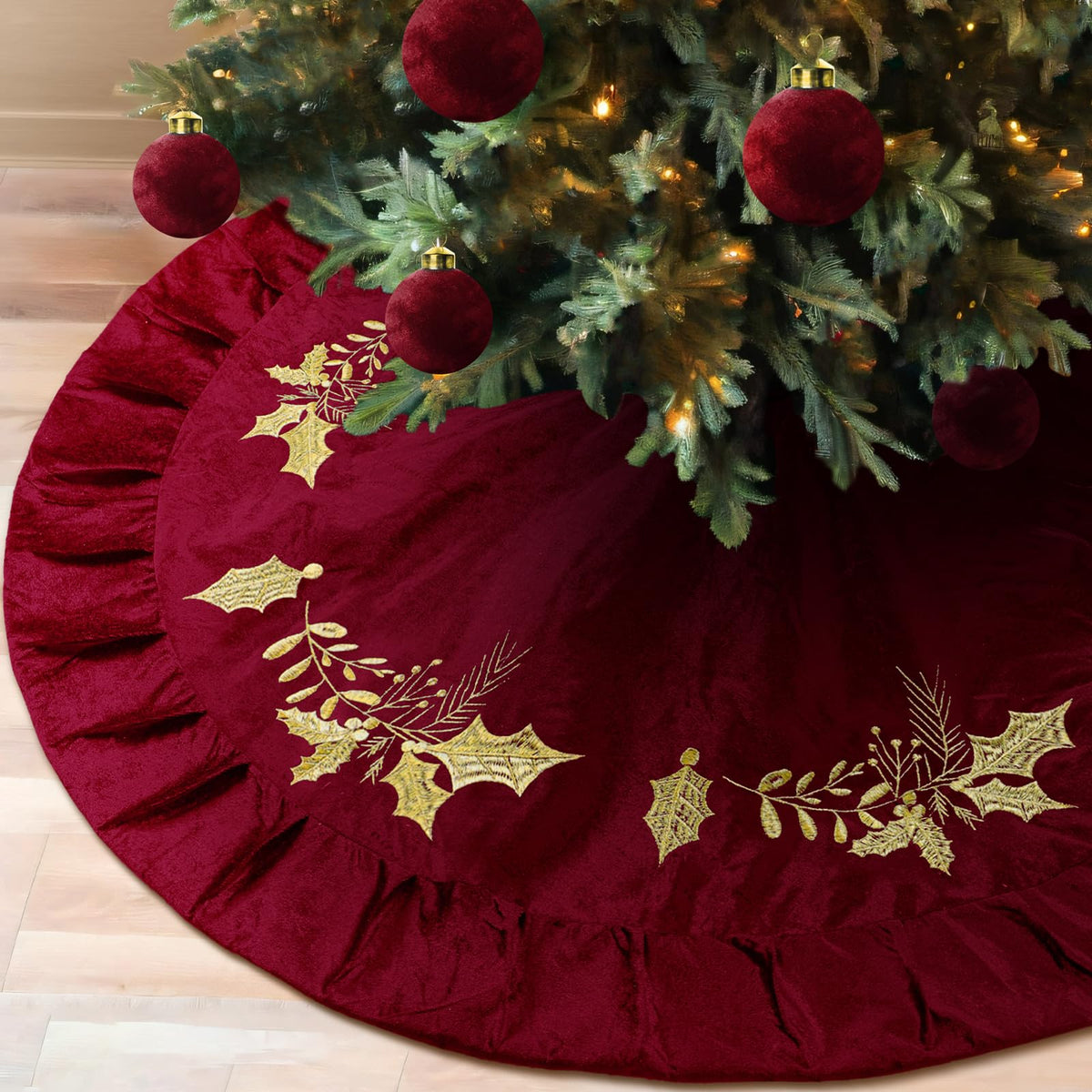 Vertintong front view of red velvet tree skirt showing elegant coverage benefit