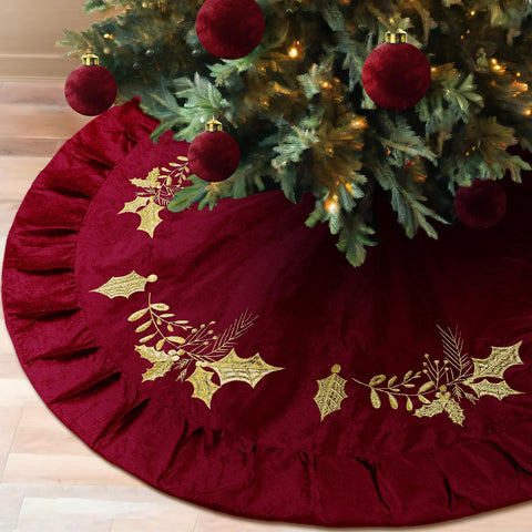 Vertintong front view of red velvet tree skirt showing elegant coverage benefit