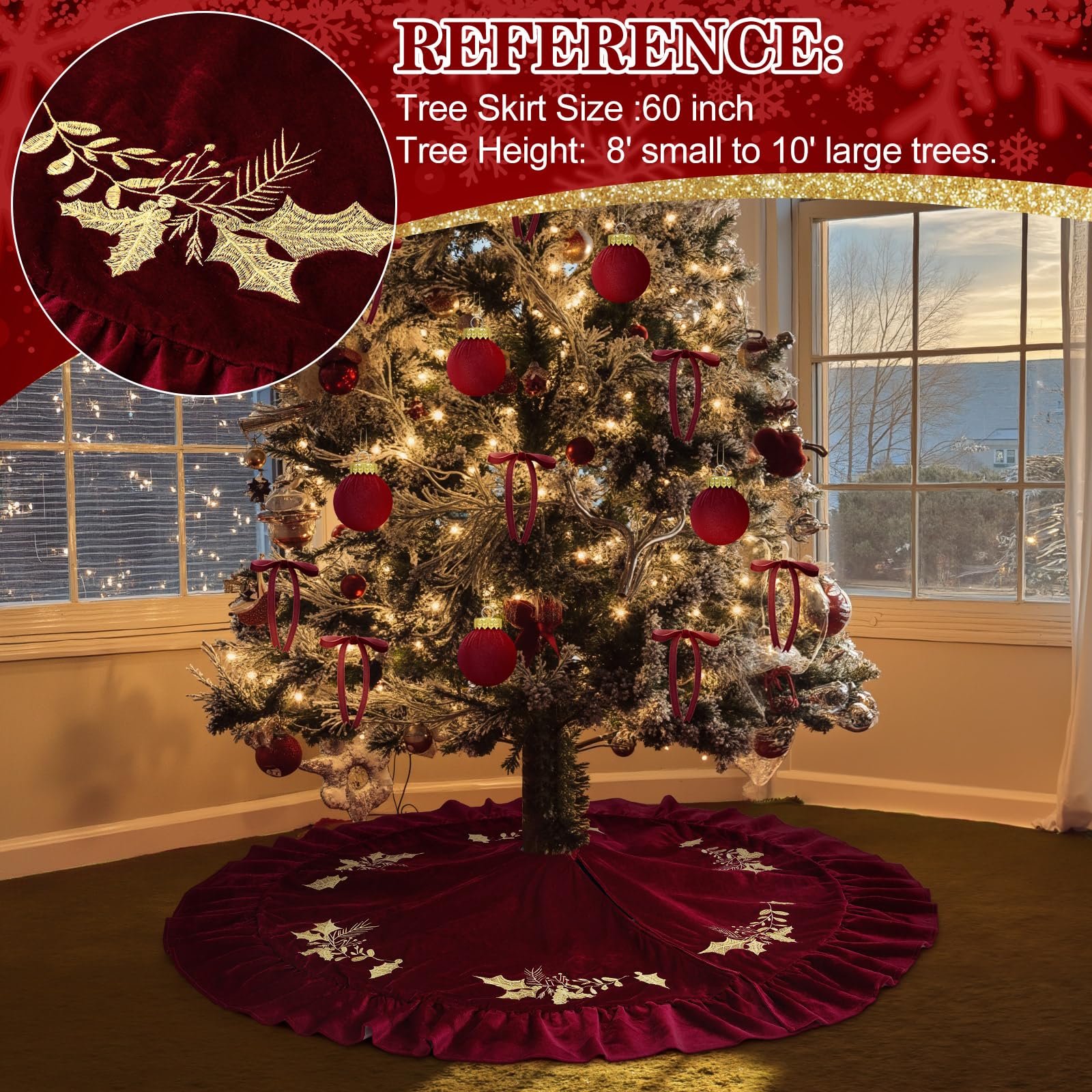 Vertintong tree skirt installed under decorated tree to conceal stand
