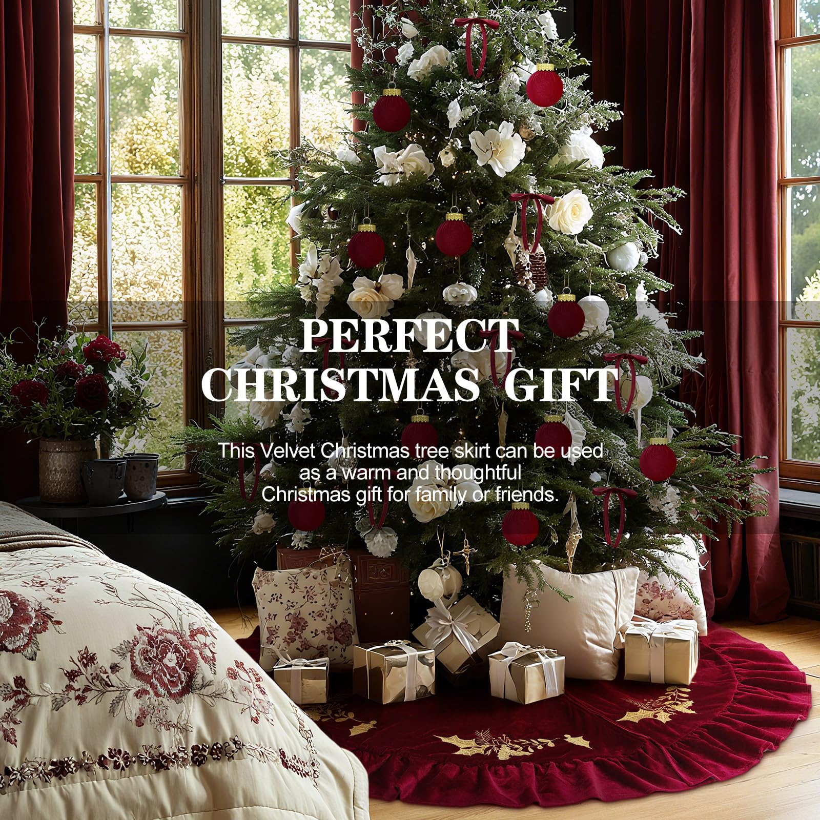 Vertintong velvet texture reflecting tree lights for warm festive sheen