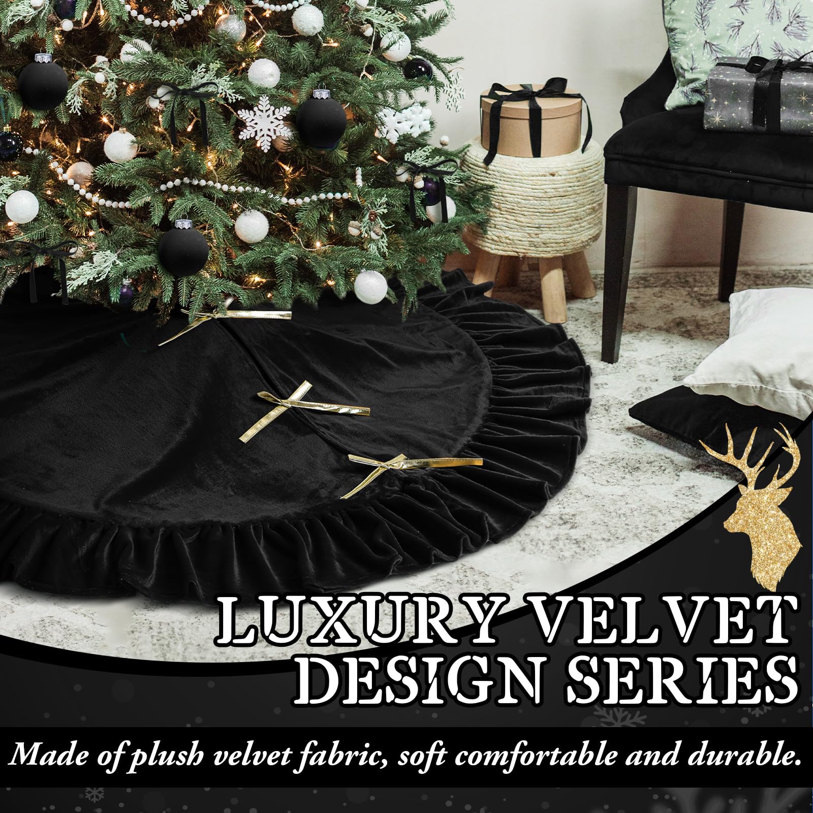 Vertintong tree skirt in use under decorated Christmas tree creating polished display
