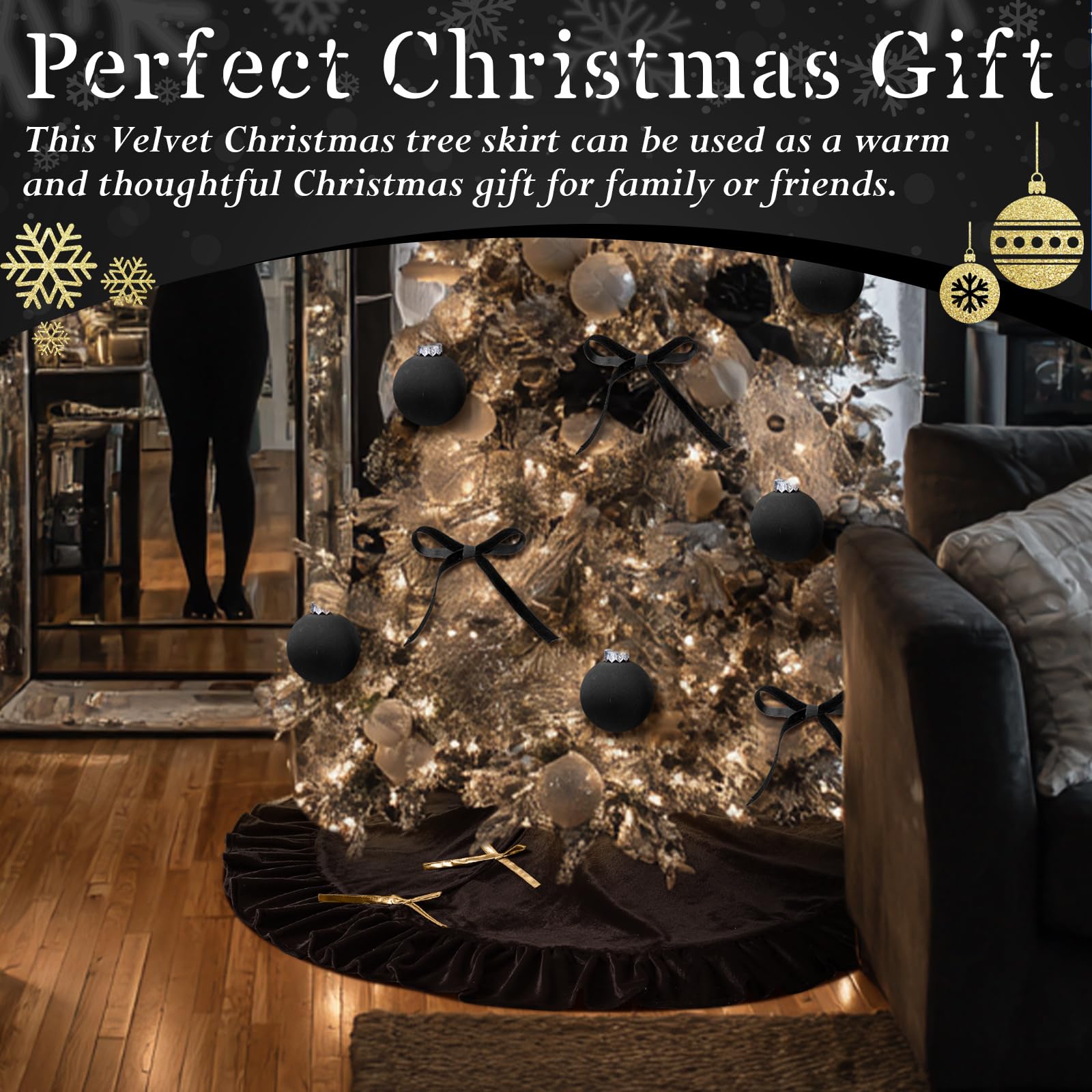 Vertintong size comparison beside wrapped gifts showing generous 48-inch coverage