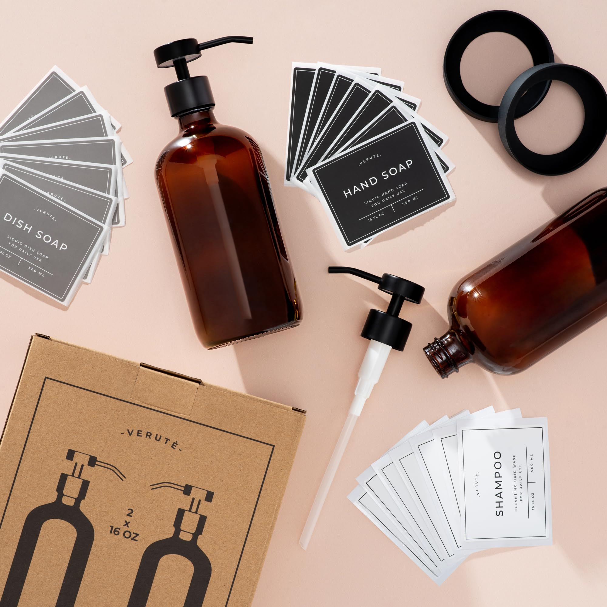 Verute bathroom lifestyle setup showing coordinated amber bottles for tidy decor
