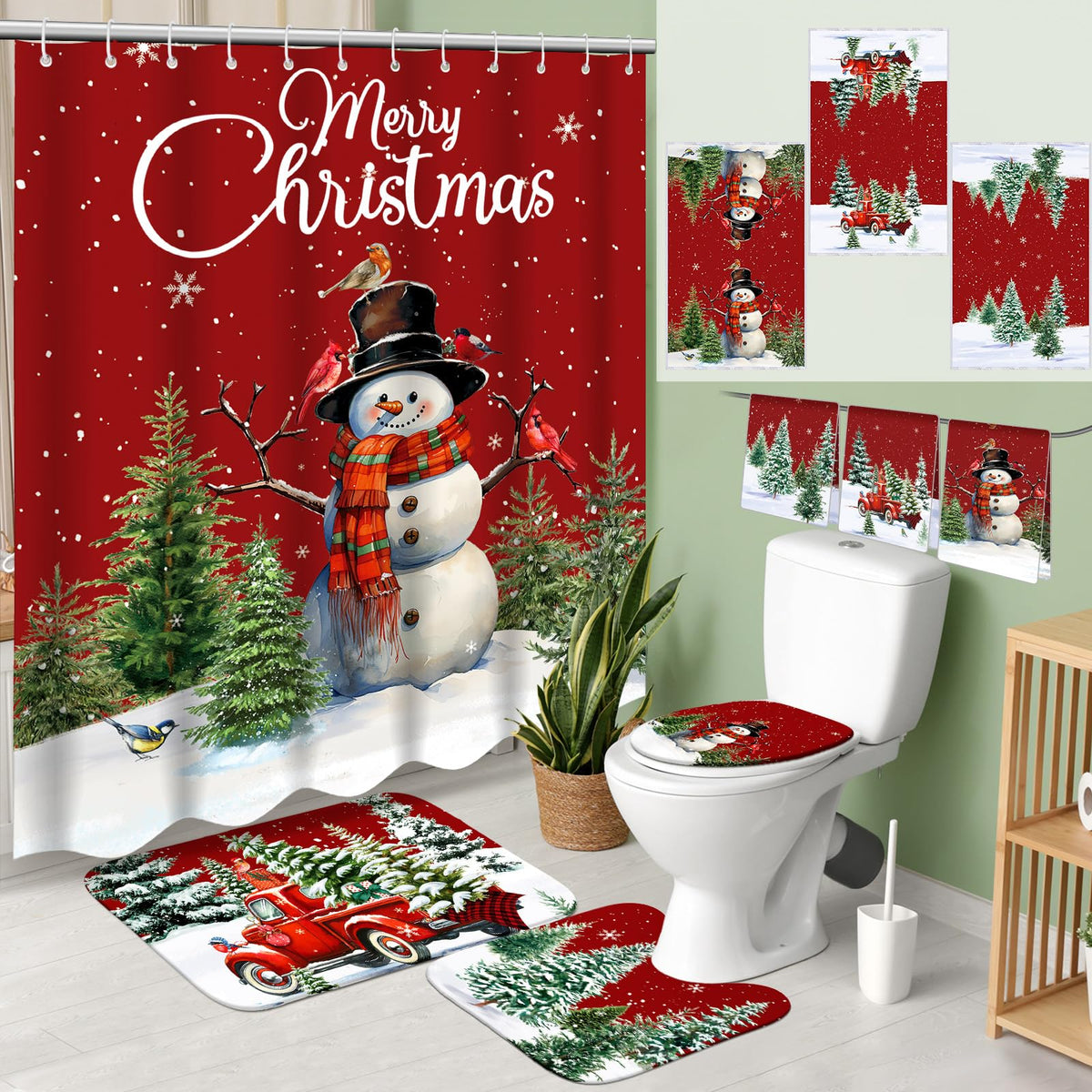 Vesici shower curtain front view showing festive red design and instant decor upgrade