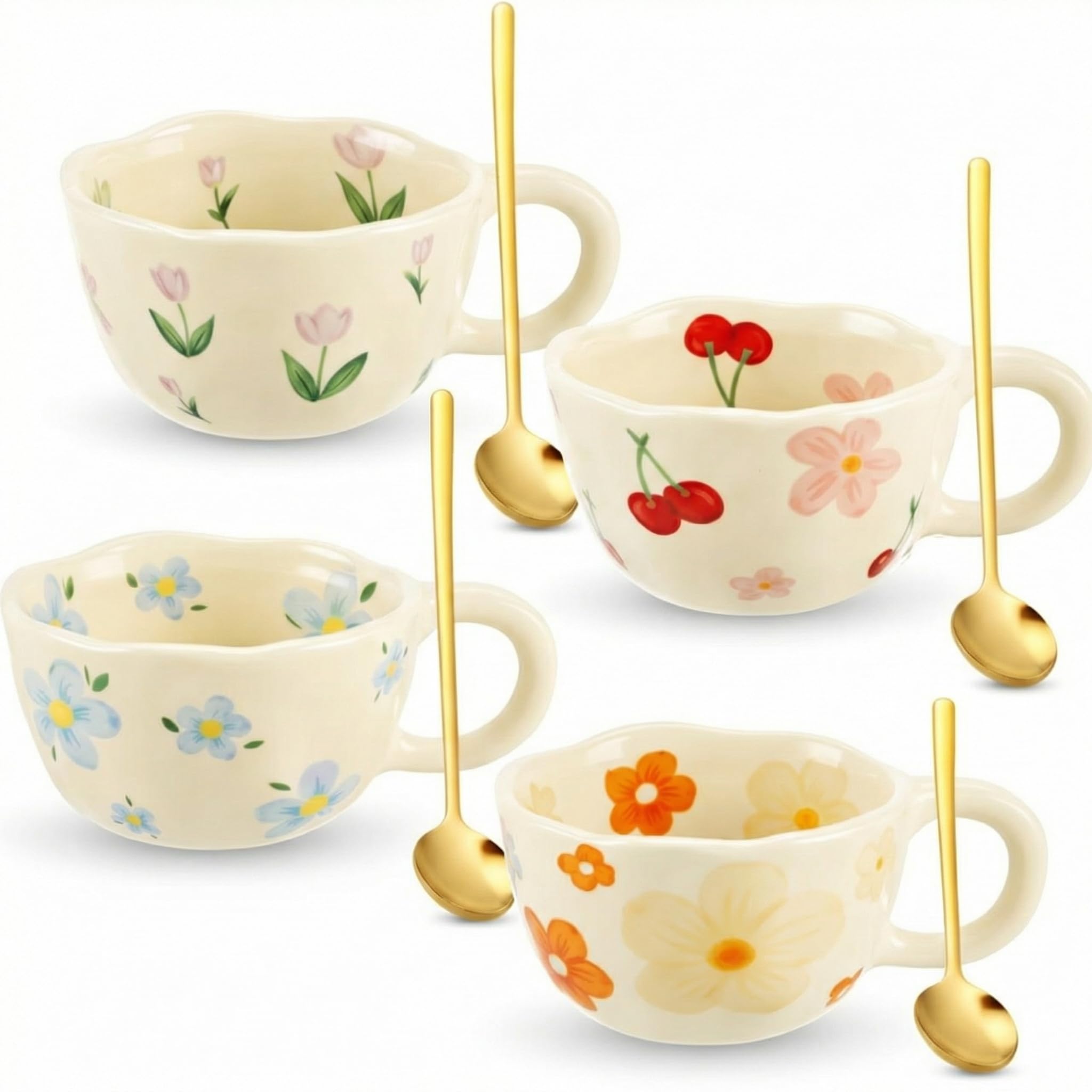 Vesici front view of four-pack floral mugs showing set and spoons, perfect for gifting