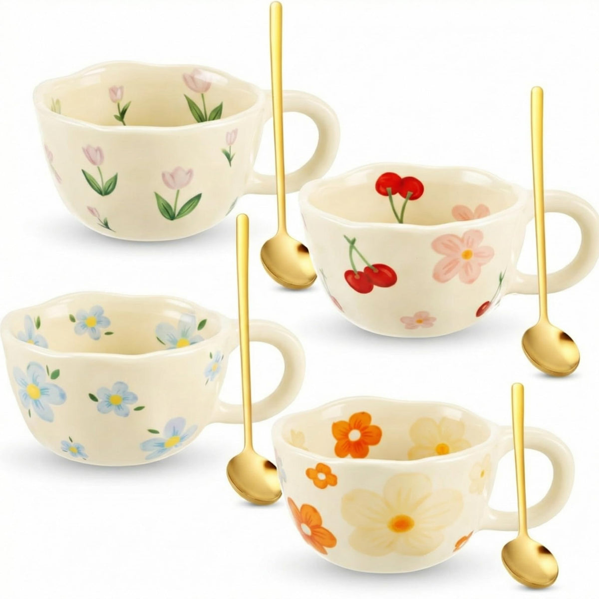 Vesici front view of four-pack floral mugs showing set and spoons, perfect for gifting