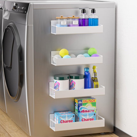 Vetacsion front view of 4-pack magnetic shelves showing organized supplies