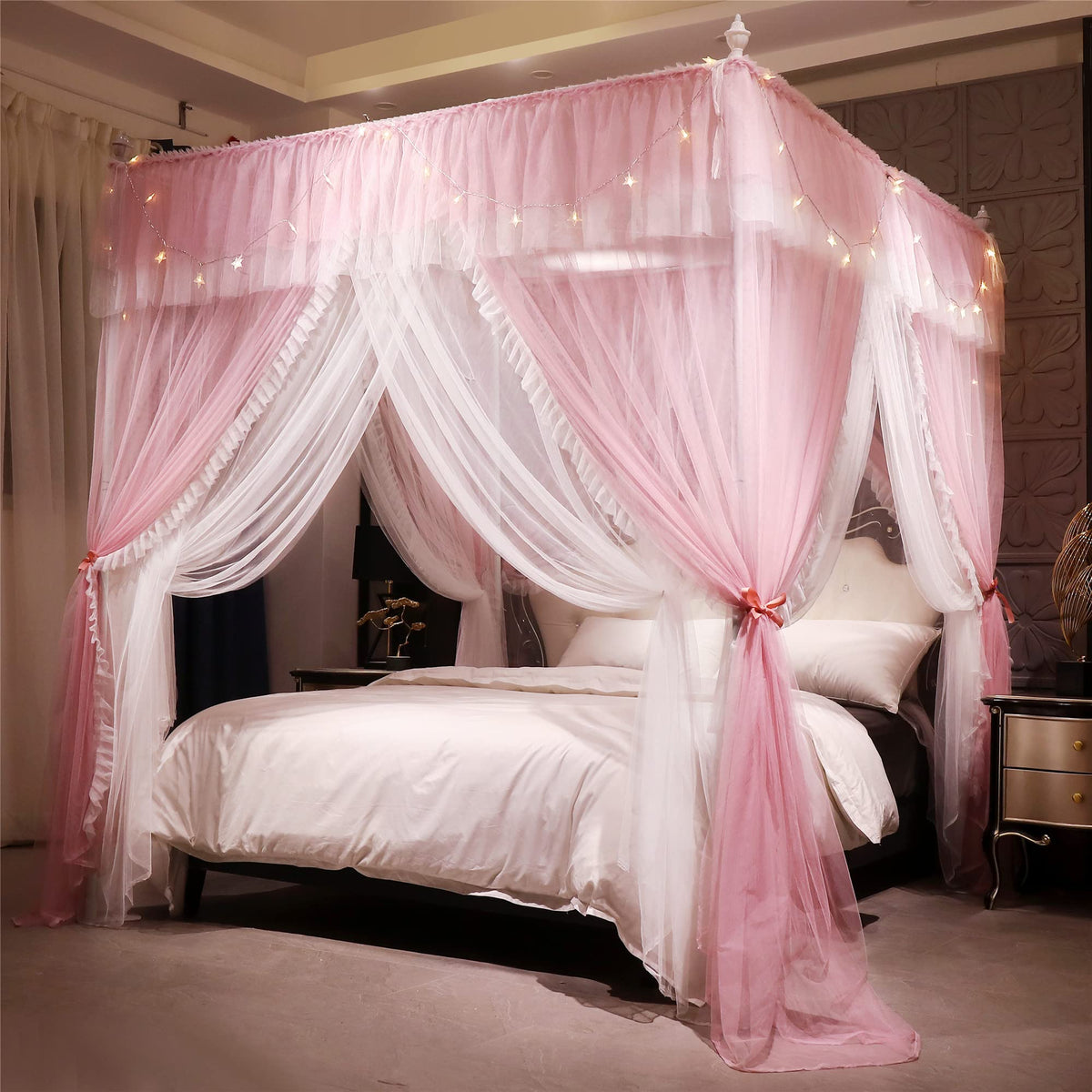 VETHIN canopy front view showcasing full double-layered princess drape and ruffle