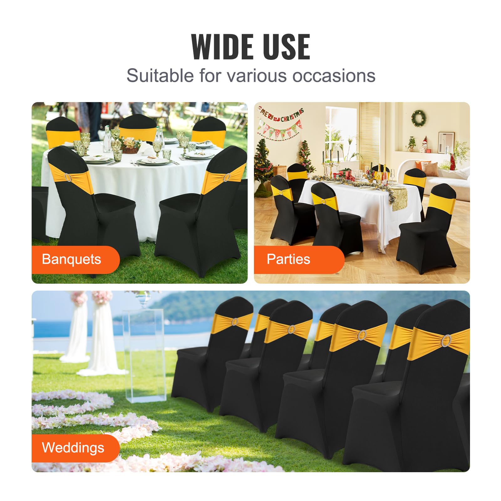 VEVOR chair cover in wedding setup, elegant event-ready benefit