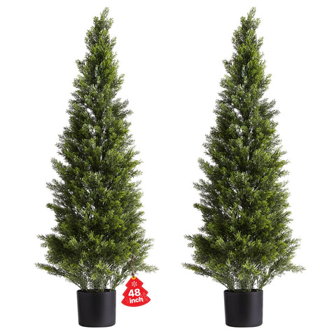 VEVOR front packaging showing two 48-inch cedar topiary trees ready to display