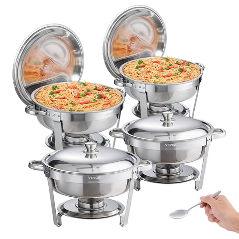 VEVOR front view chafing dish showing polished stainless steel and professional look