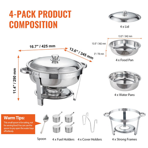 VEVOR four-unit set showing complete chafers ready for multi-dish buffet service