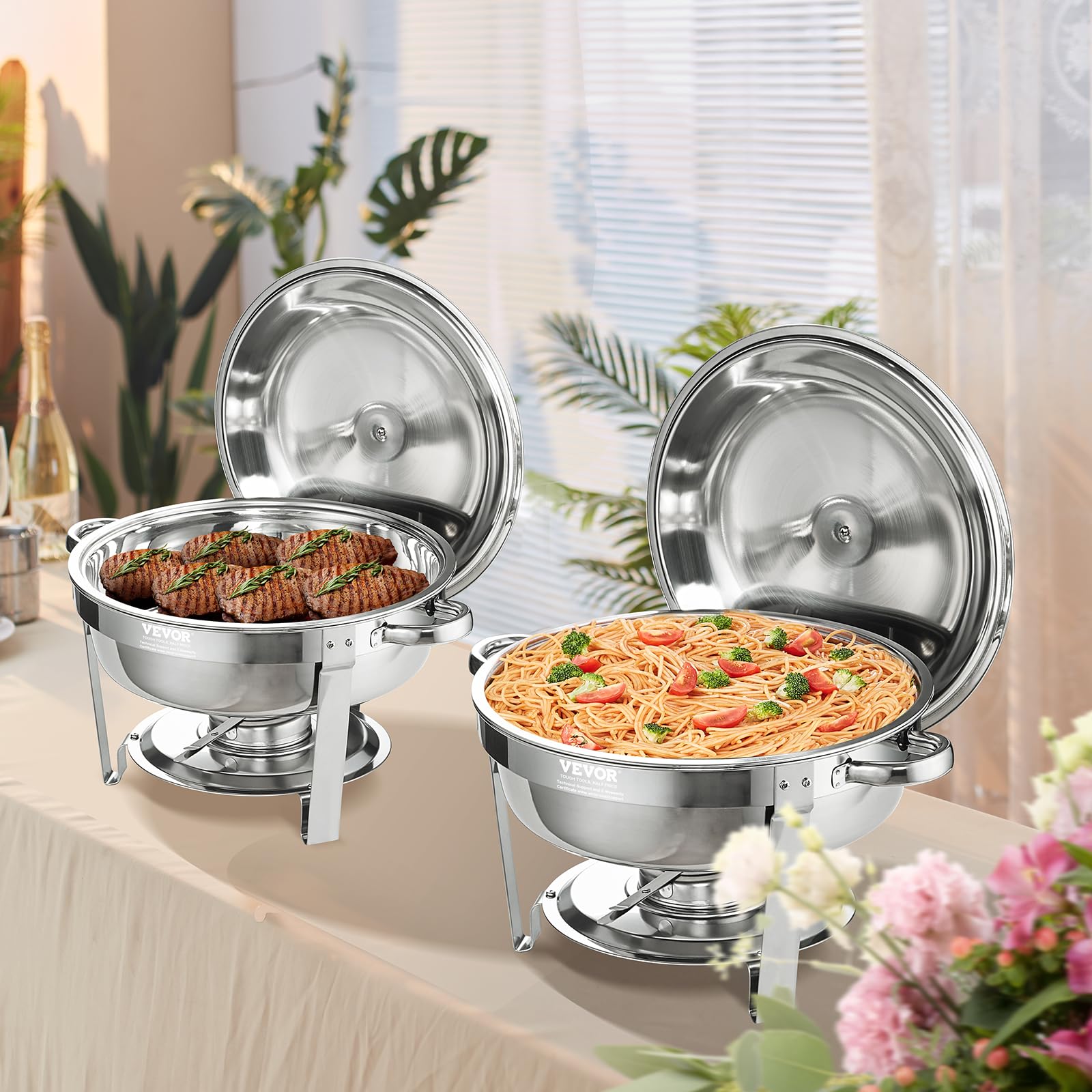 VEVOR chafing dish beside dinner plates demonstrating size and portion capacity