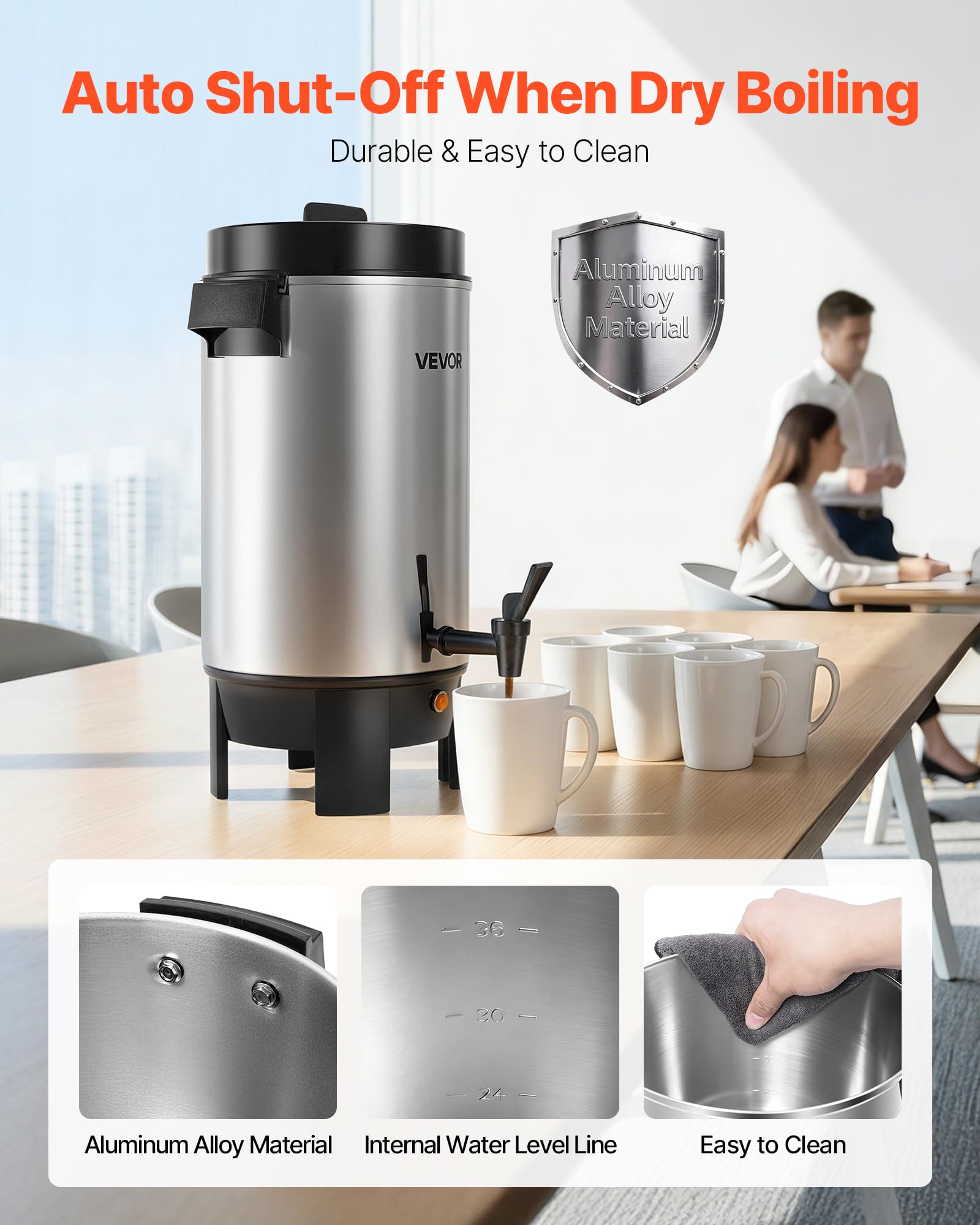VEVOR next to coffee cups showing 40-cup capacity clarity