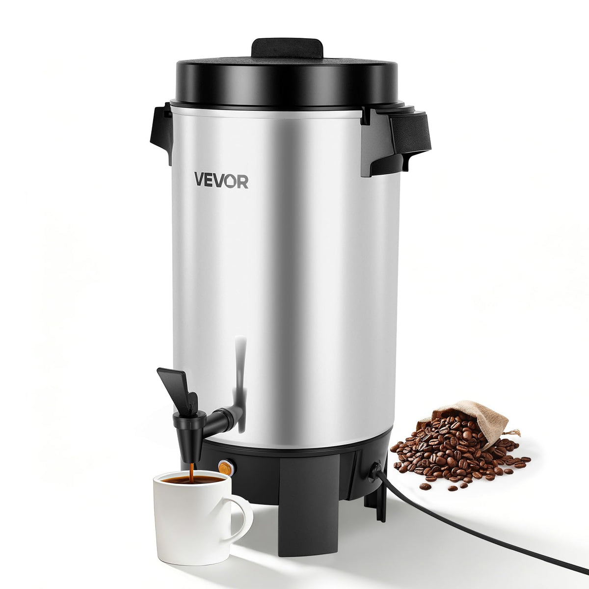 VEVOR front view showing full coffee urn and capacity benefit