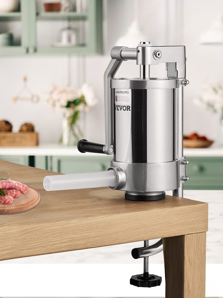 VEVOR in-use filling casings in a kitchen demonstrating controlled sausage production