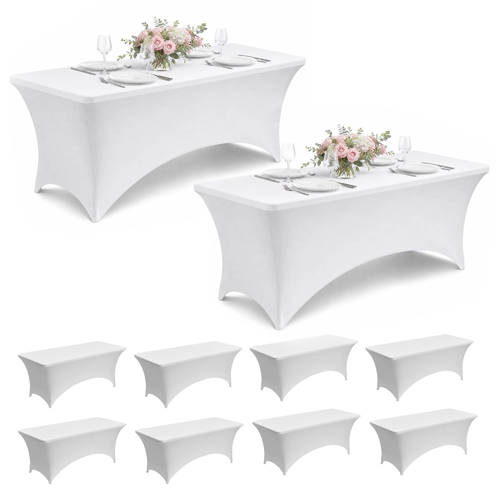 VEVOR front packaging showing 10-pack white fitted tablecloths and event-ready value