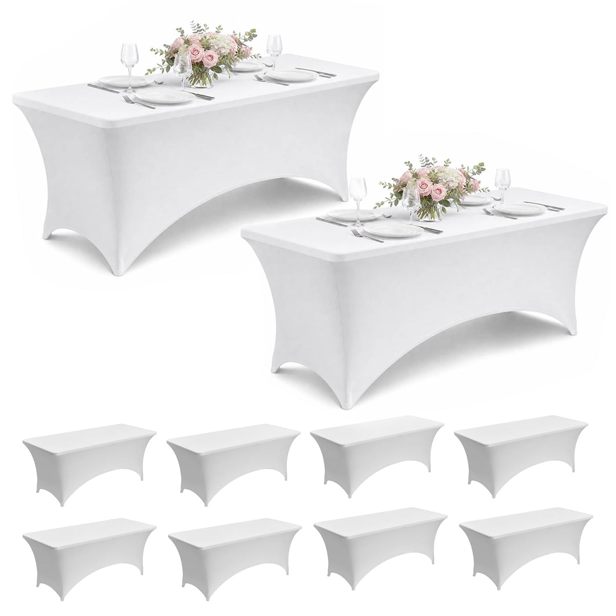 VEVOR front packaging showing 10-pack white fitted tablecloths and event-ready value