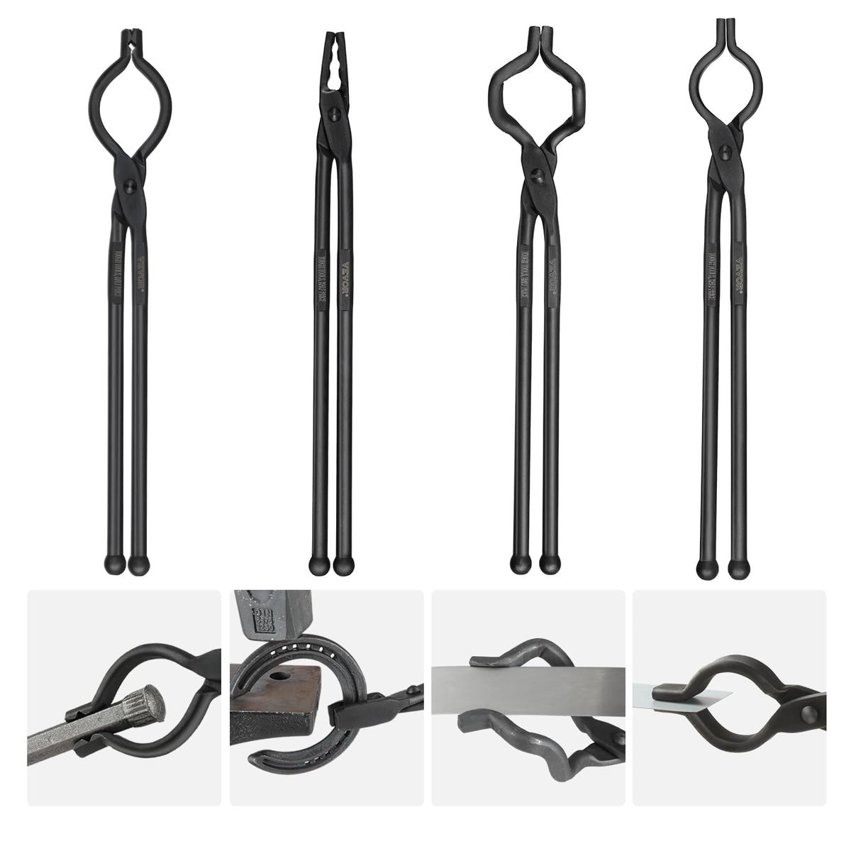 VEVOR front view of all four tongs showing set versatility and durable finish