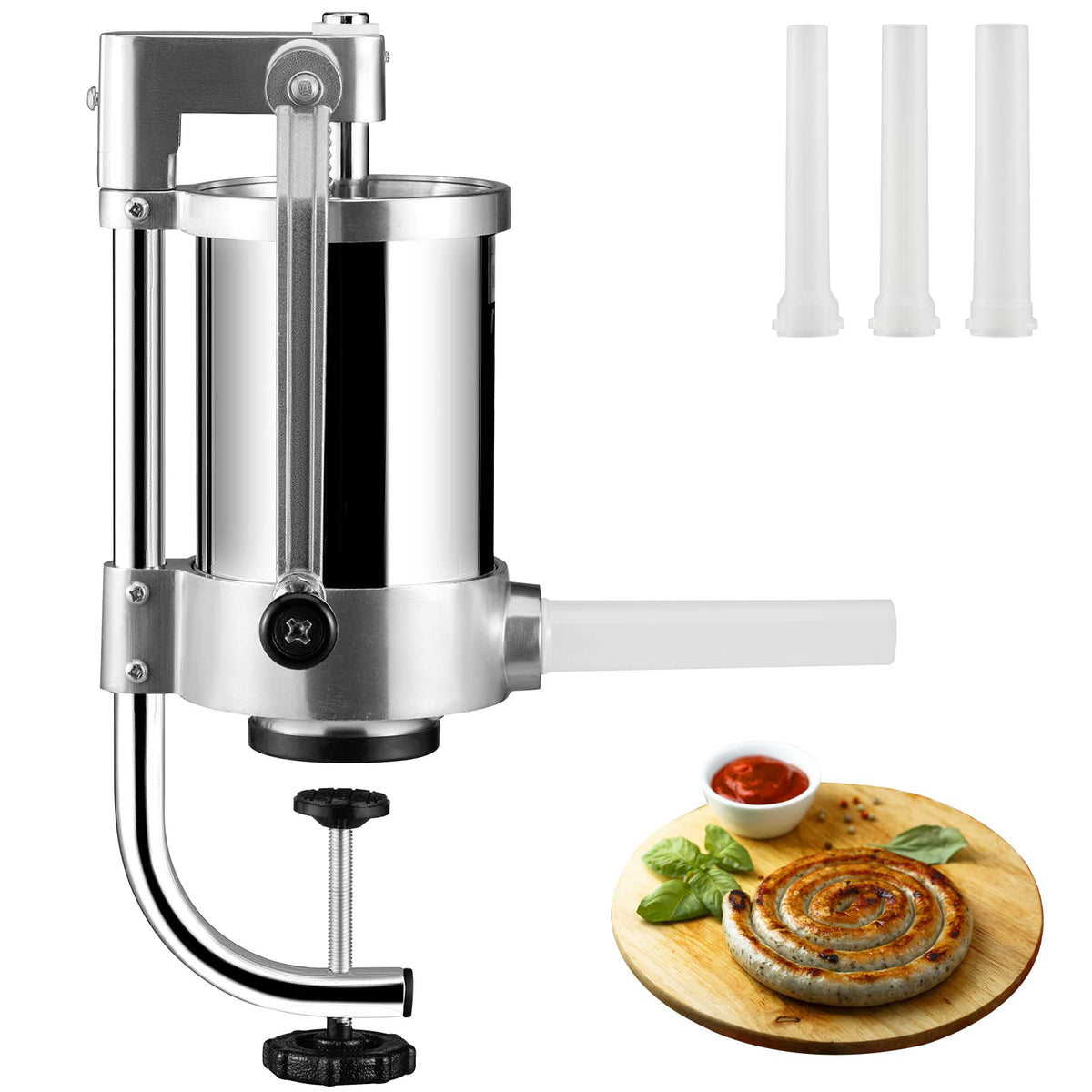 VEVOR front view of stainless vertical stuffer showing compact footprint and durable build