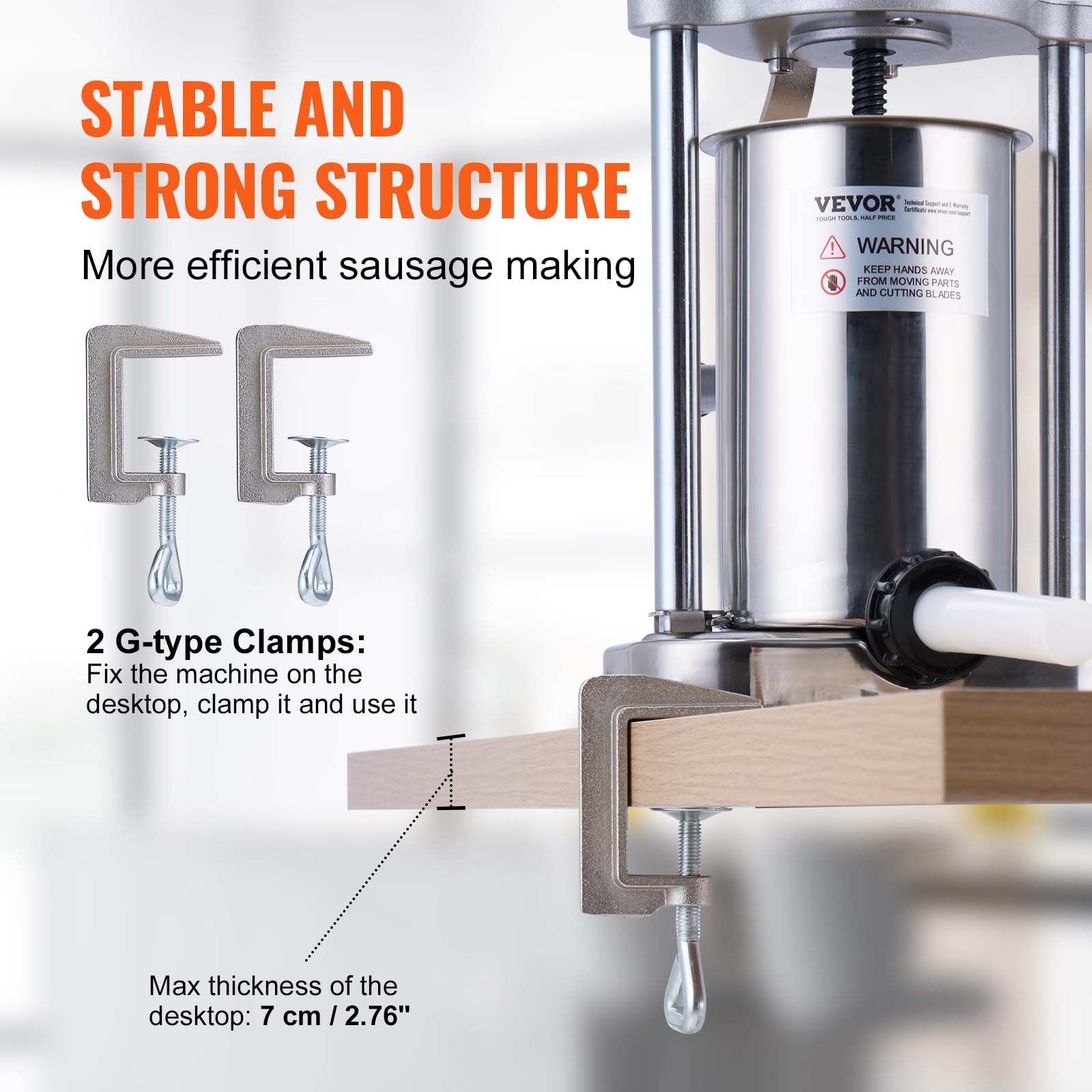 VEVOR G-clamp detail securing machine to counter, providing stable stuffing performance