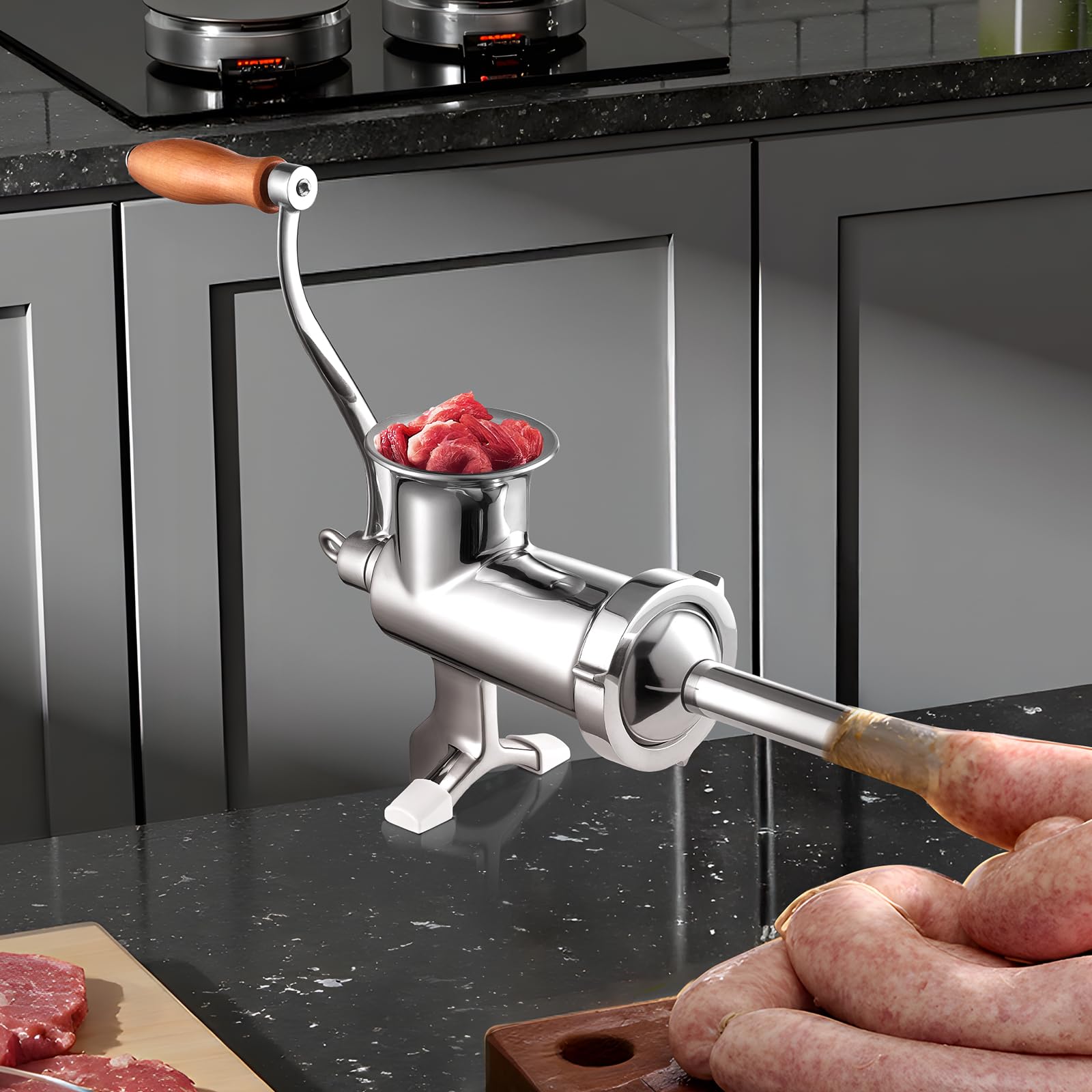 VEVOR grinder in use on kitchen countertop producing fresh ground meat benefit