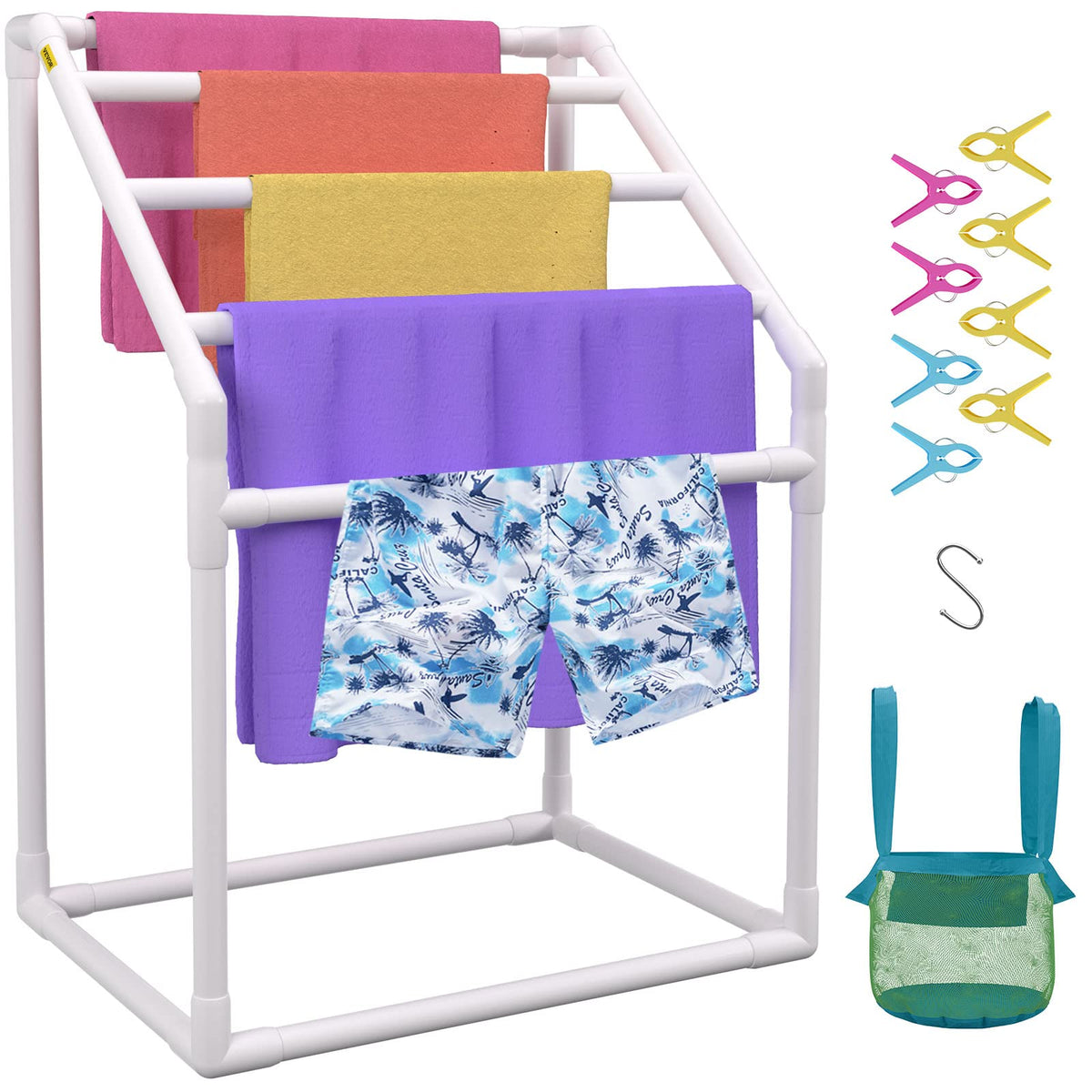 VEVOR front view of 5-bar pool towel rack showing organized storage benefit