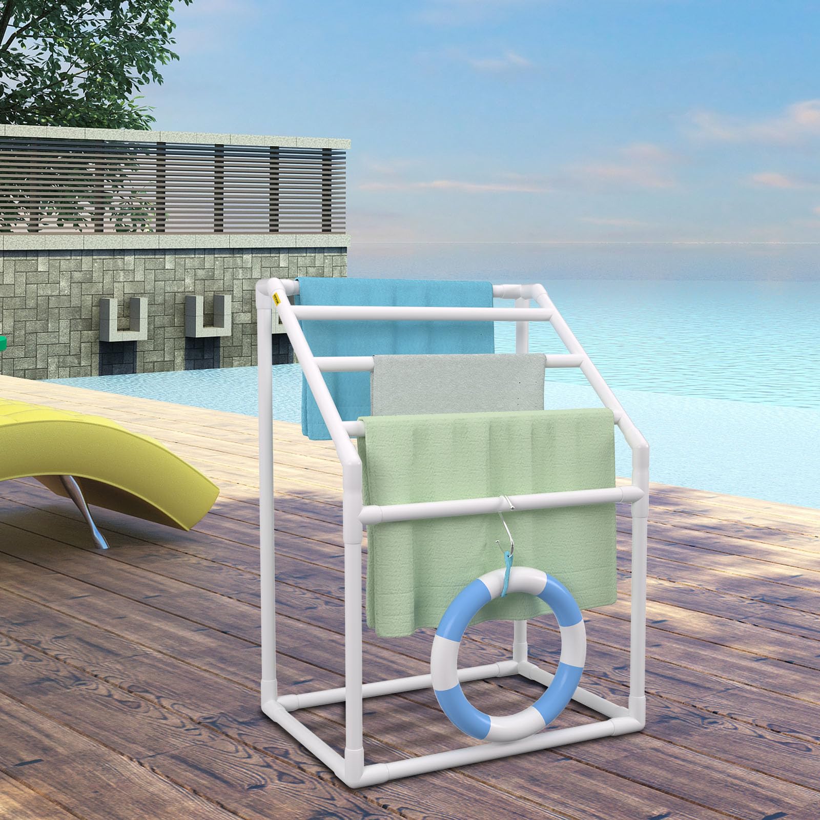 VEVOR rack storing floats and paddles showing multifunctional pool accessory storage