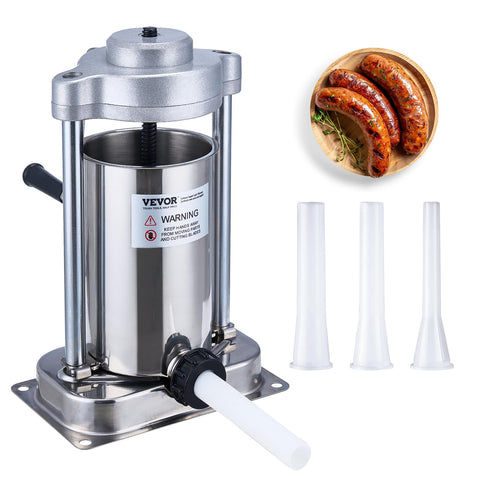 VEVOR front view of sausage stuffer showing sturdy base and vertical barrel for stable operation
