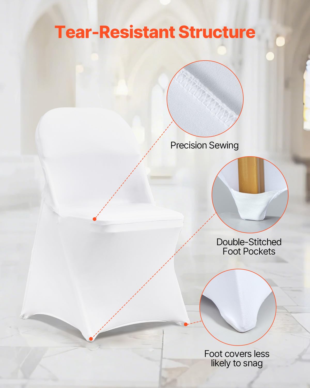 VEVOR stacked covered chairs showing compact storage and quick setup benefit