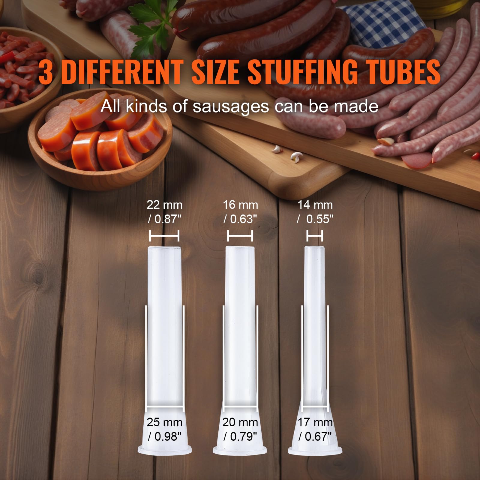 VEVOR three stuffing tubes displayed for thin to thick sausages, allowing recipe versatility