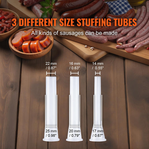 VEVOR three stuffing tubes displayed for thin to thick sausages, allowing recipe versatility