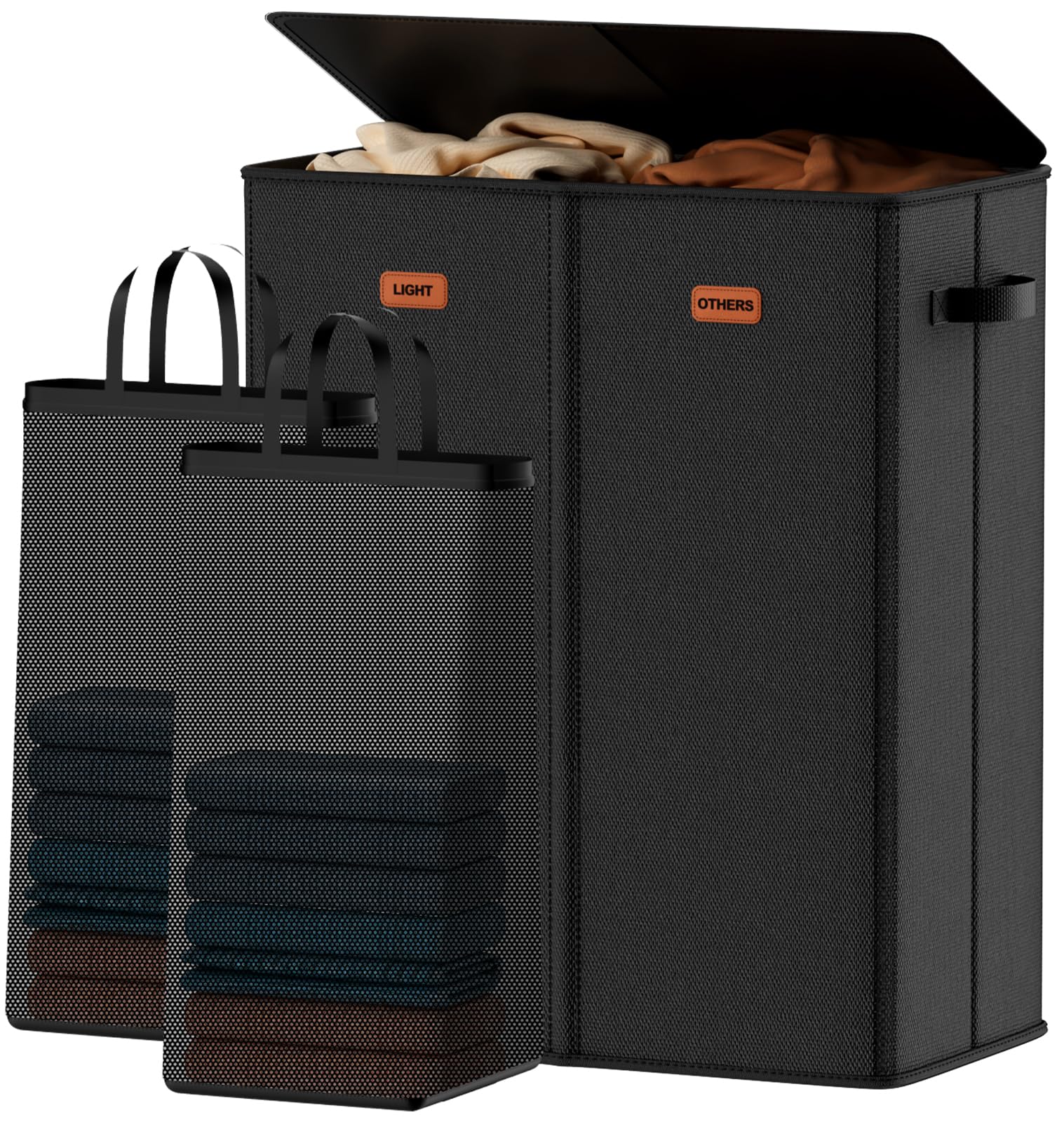 Vexalora front view of two-section hamper showing sleek lid and tidy storage benefit