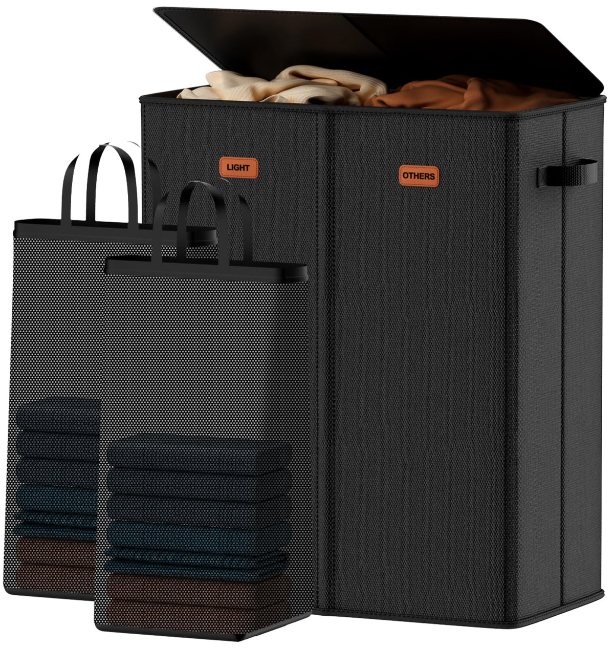 Vexalora front view of two-section hamper showing sleek lid and tidy storage benefit