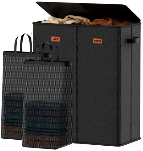 Vexalora front view of two-section hamper showing sleek lid and tidy storage benefit