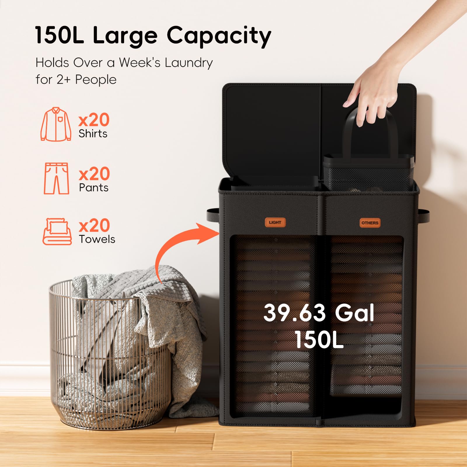 Vexalora open lid revealing two compartments for quick sorting and organized laundry benefit