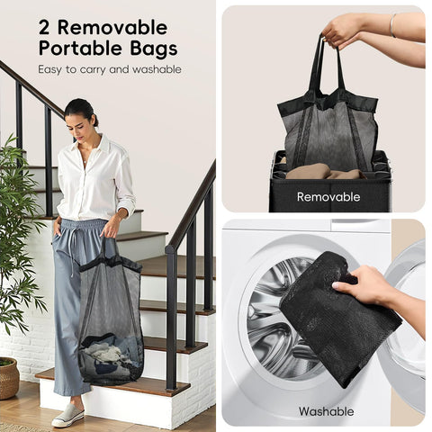Vexalora hamper next to doorframe to show size and space-saving footprint benefit