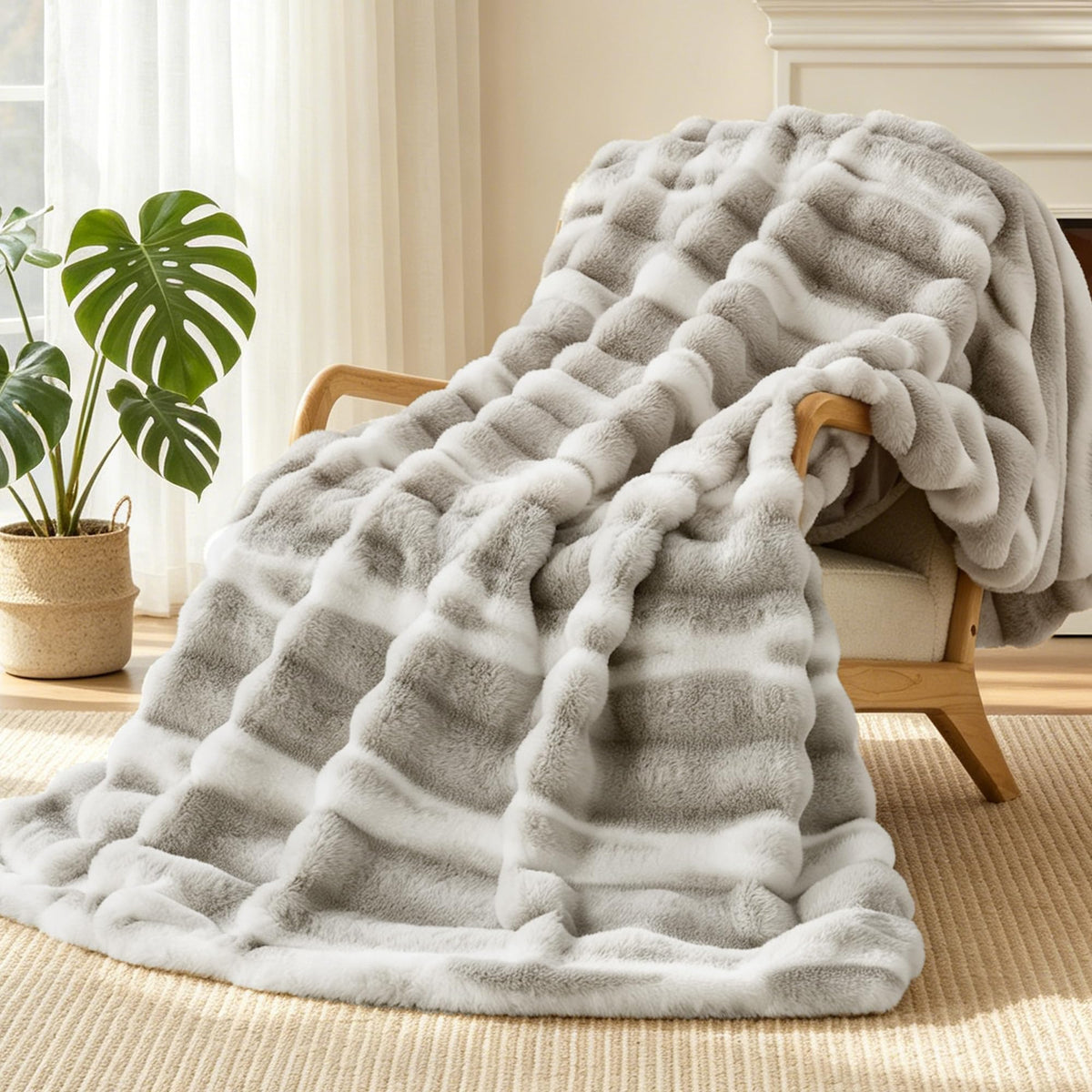VFROO front folded throw showing grey striped faux fur and neat edges for elegant décor