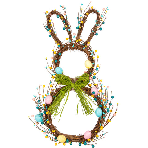 VGIA front door bunny wreath welcoming guests with pastel eggs and spring charm