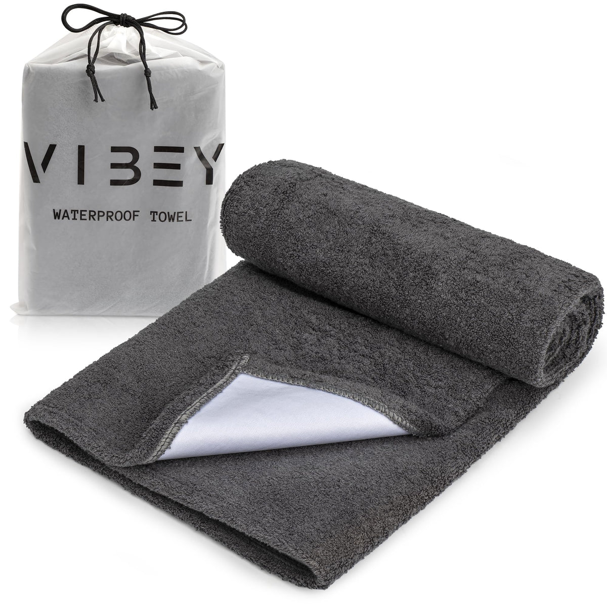 VIBEY front view showing folded towel protecting mattress and packaging benefit