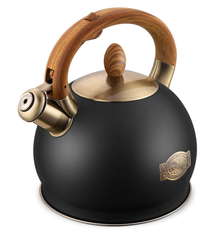 VICALINA kettle front view showing black stainless finish and quick heating benefit
