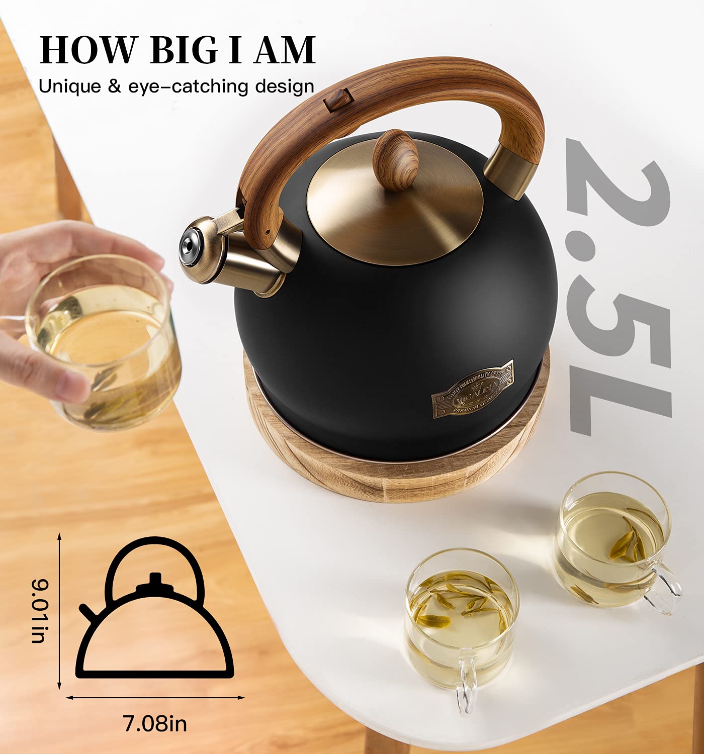 VICALINA whistle cap closeup highlighting loud audible boil alert benefit